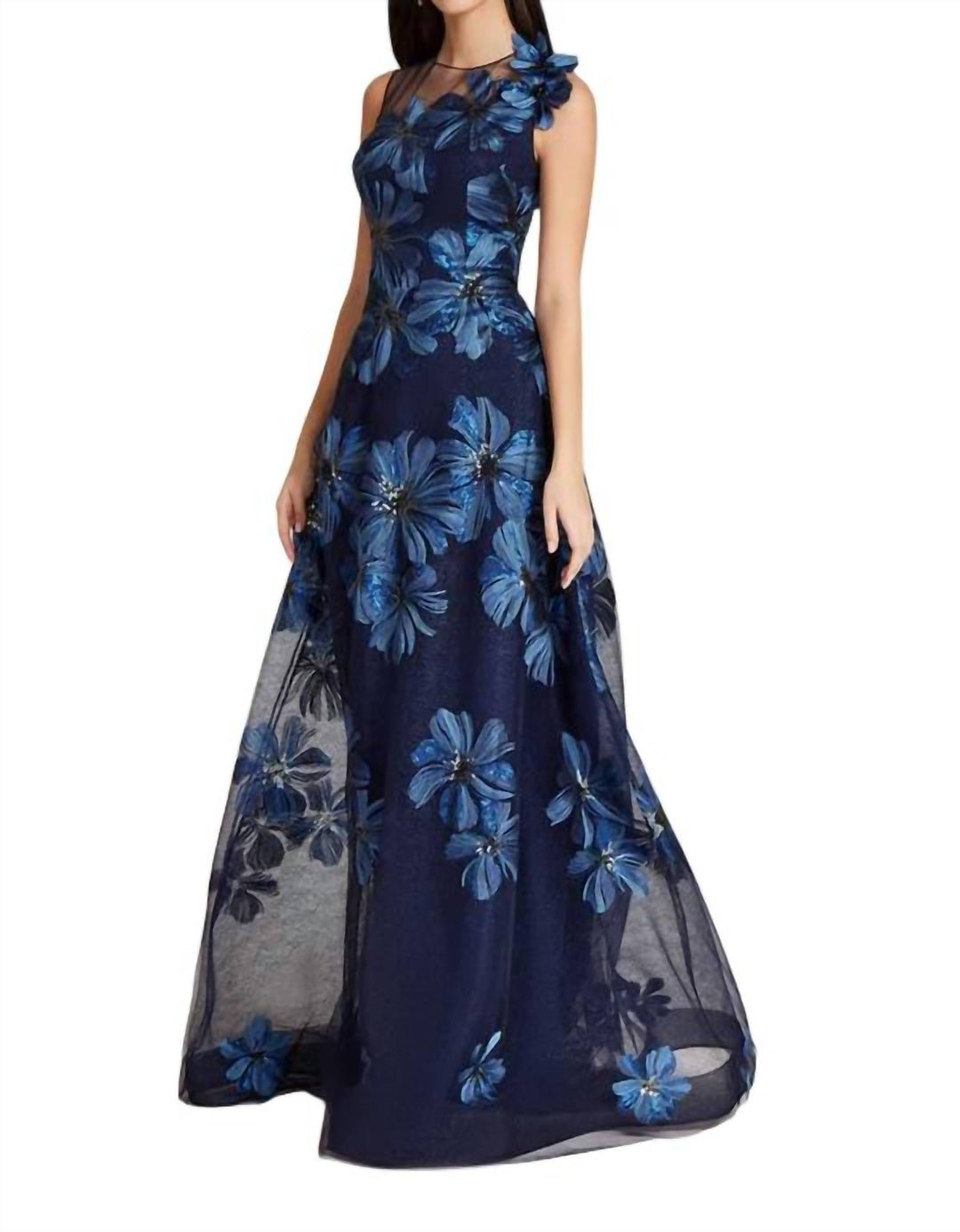 Teri Jon Floral Embroidered Tulle Gown In Navy | ShopSimon Teri Jon Floral Embroidered Tulle Gown In Navy | ShopSimon