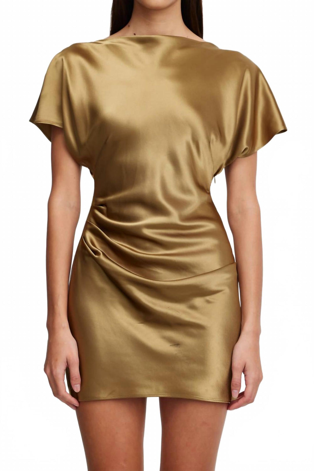 acler ramshaw draped satin midi dress ACLER Ramshaw Mini Dress In Golden Moss