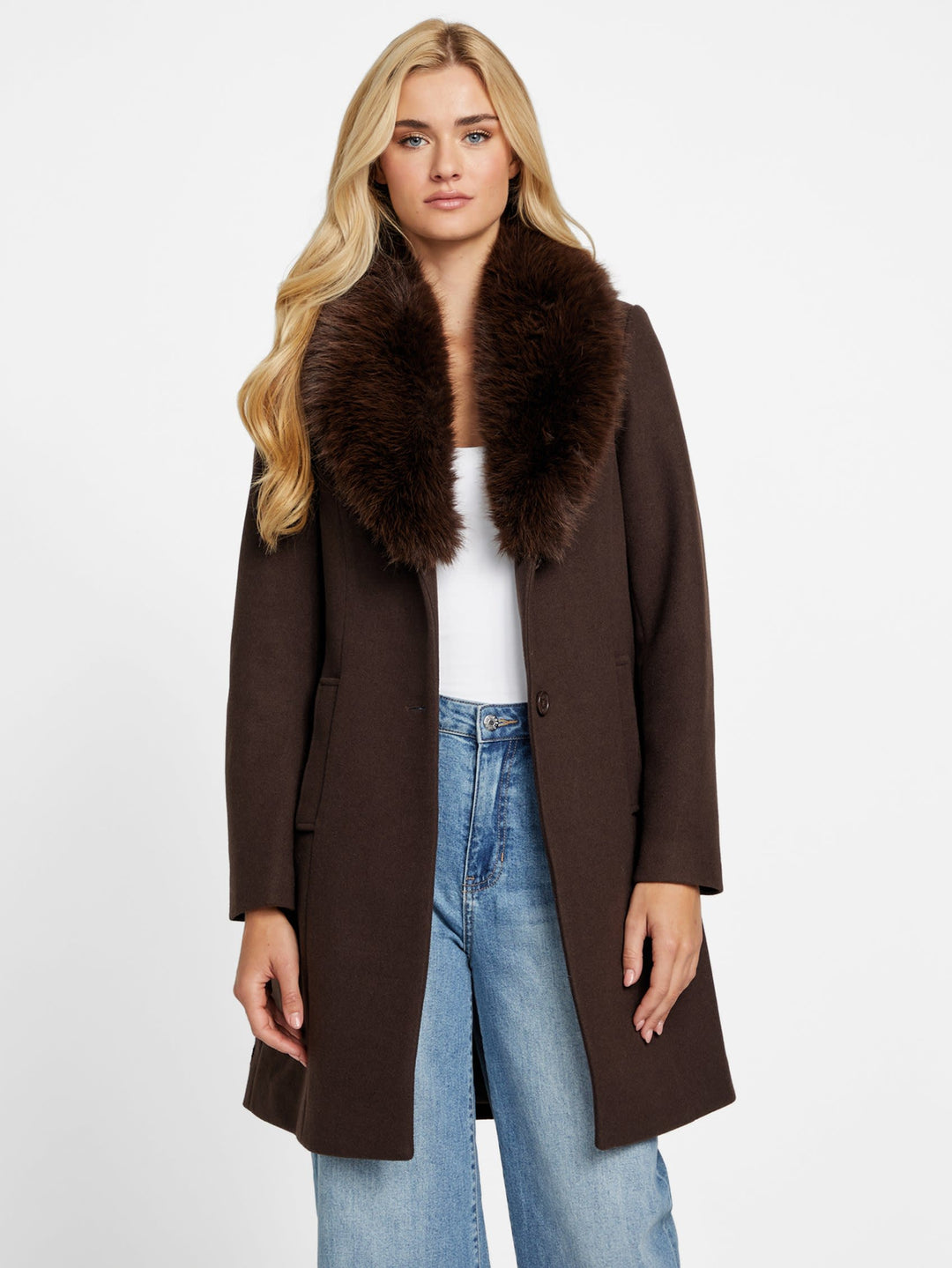 AIGNER アイグナー　毛皮　フェレット　ファーコート　レザー　ポールキャット Guess Factory Cheryl Faux-Fur Coat | ShopSimon