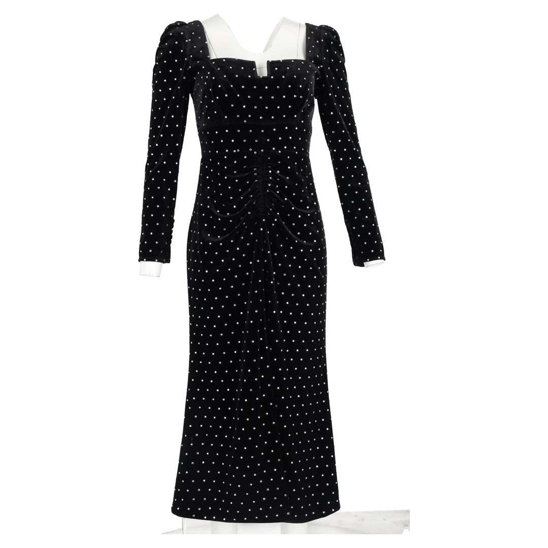 self portrait velvet midi dress Self-Portrait Embellished Midi Long Sleeve Dress In Black Velvet