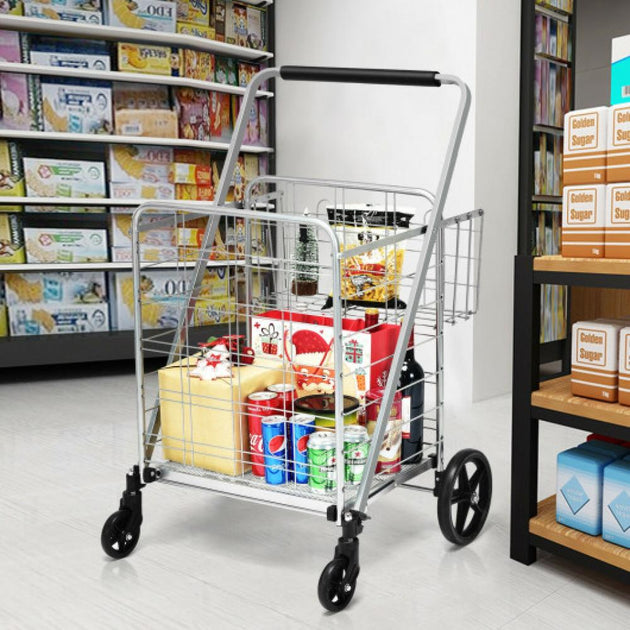 Hivvago Heavy Duty Folding Utility Shopping Double Cart-Silver | ShopSimon