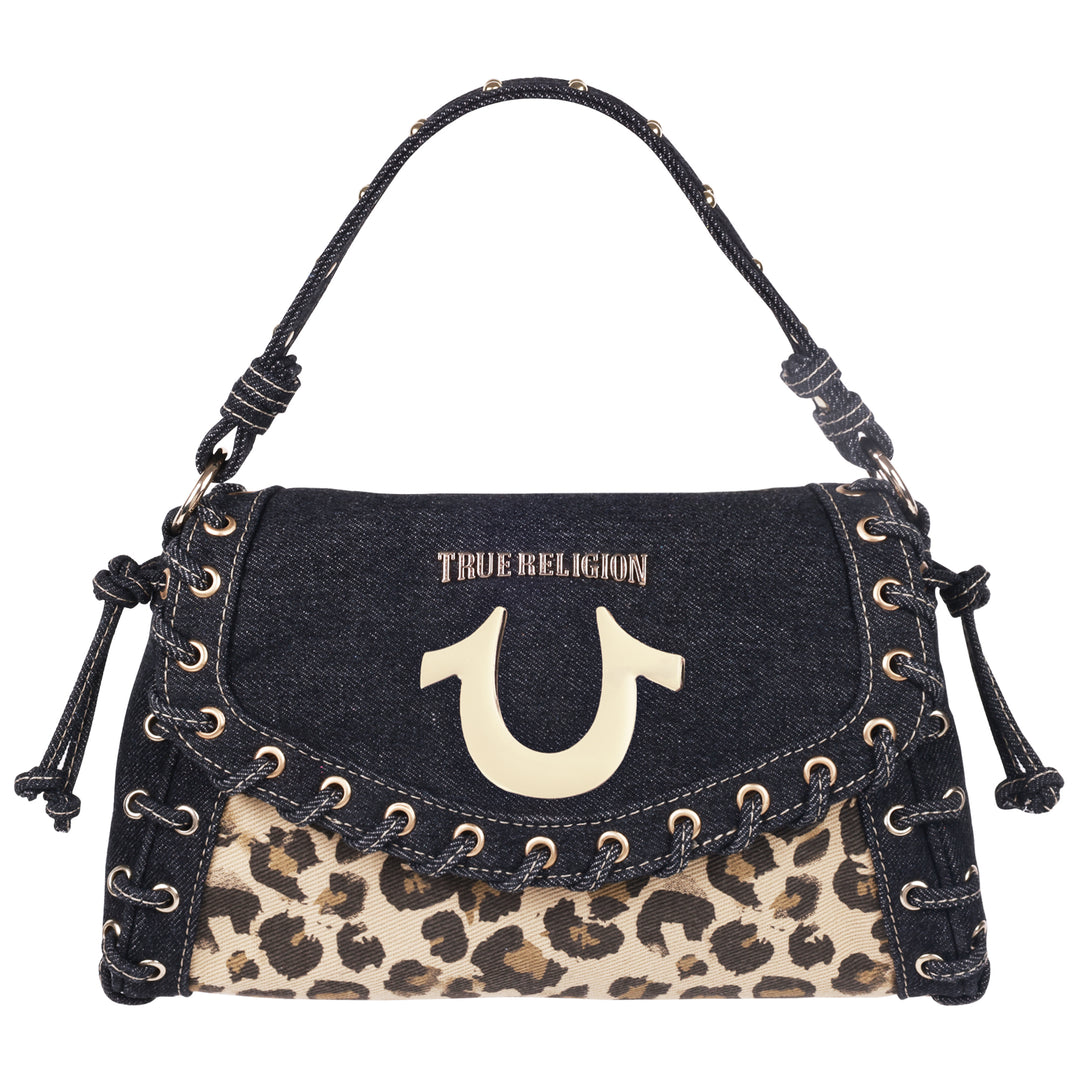 TRUE RELIGION レオパード柄 ショルダーバッグ True Religion Denim Leopard Eyelet Trim Flap Bag | ShopSimon