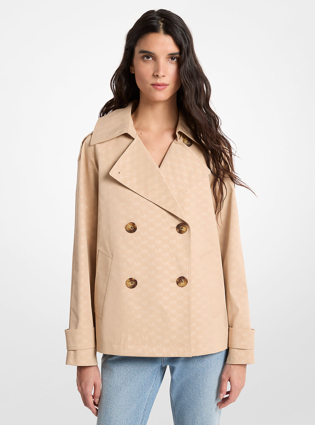 Michael Kors Outlet Logo Print Woven Cropped Trench Coat | ShopSimon