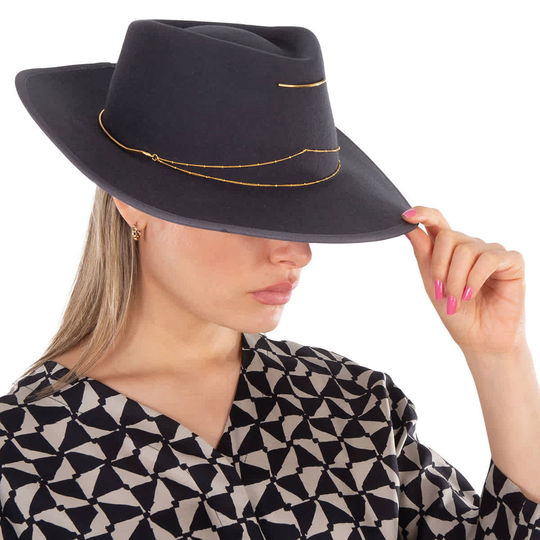 Van Palma Anna Draped Chain Merino Wool Fedora | ShopSimon display picture 1