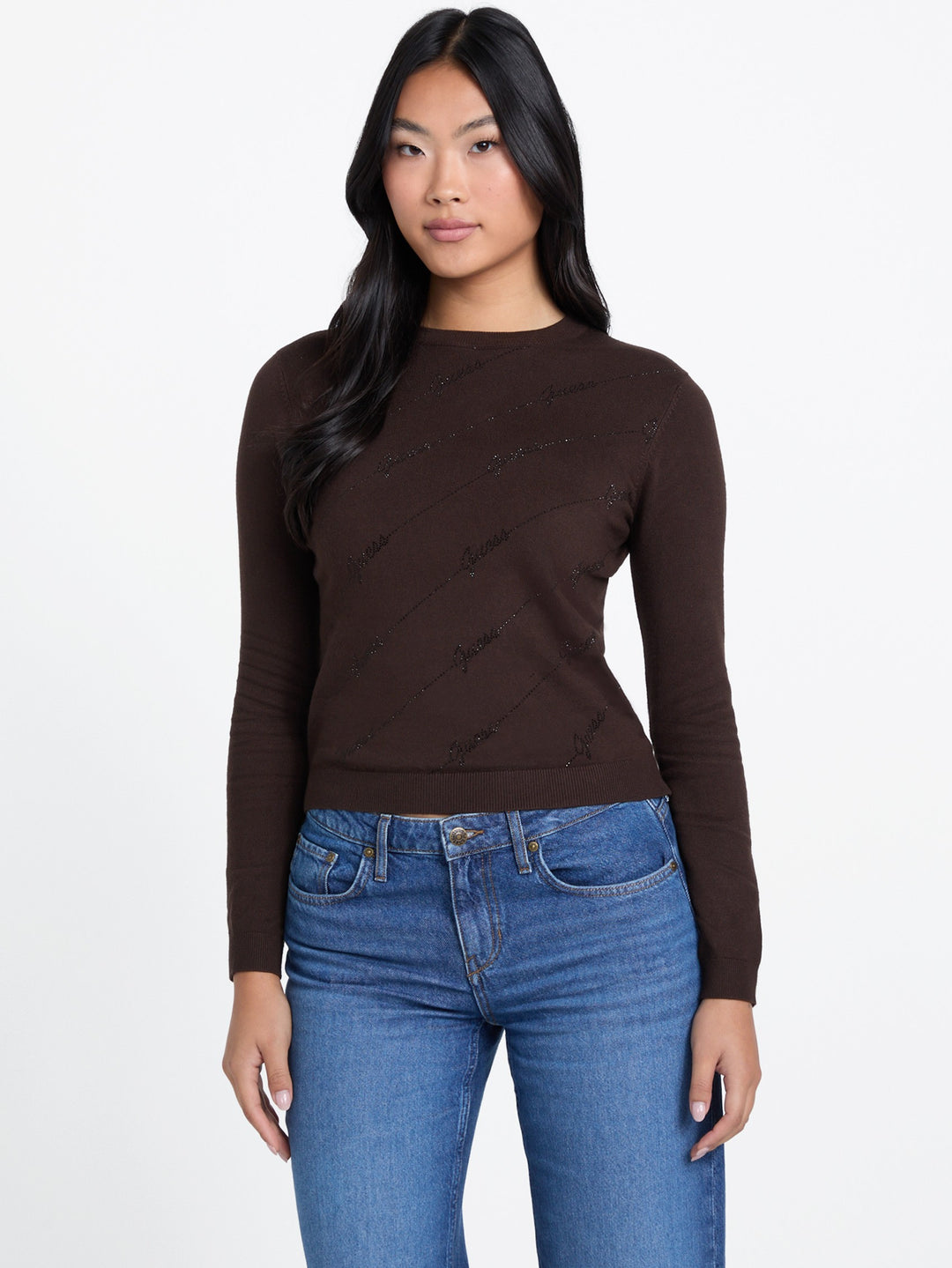 Guess Factory Peggy Rhinestone Logo Sweater | ShopSimon