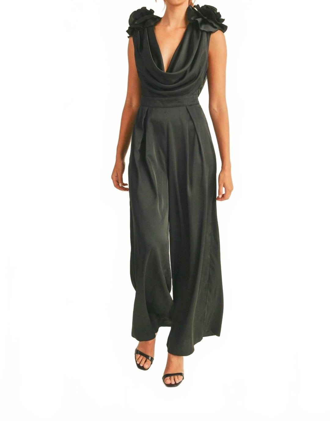 MABLE Floral Applique Deep Cowl Neck Jumpsuit In Black | ShopSimon MABLE Floral Applique Deep Cowl Neck Jumpsuit In Black | ShopSimon
