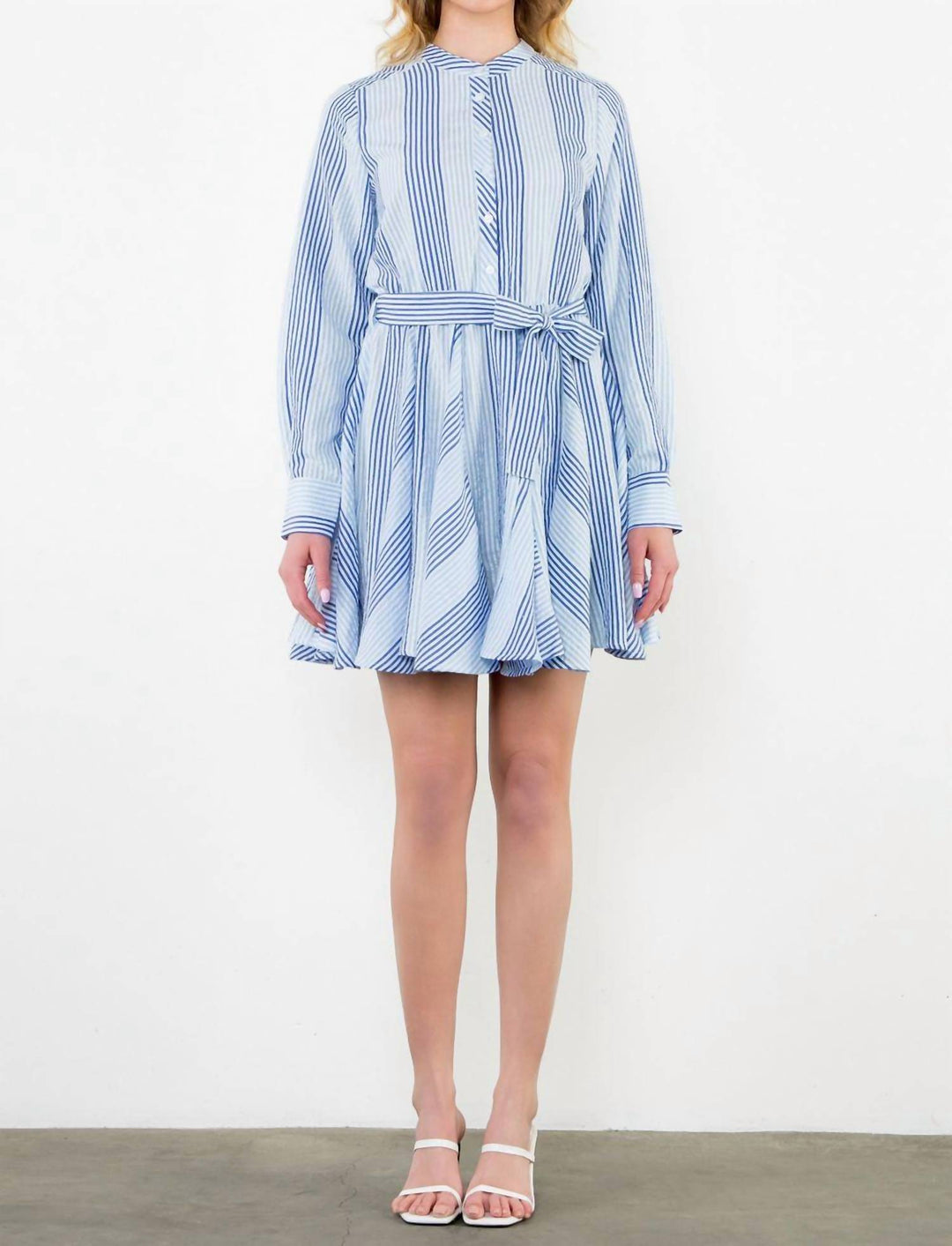 THML Lina Stripe Long Sleeve Swing Dress In Blue