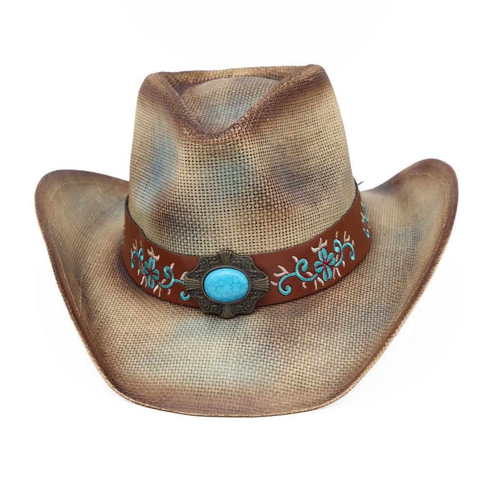 Concho Embellished Floral Embroidery Band Vintage Western Straw Cowboy Hat Concho Embellished Floral Embroidery Band Vintage Western  main image 3