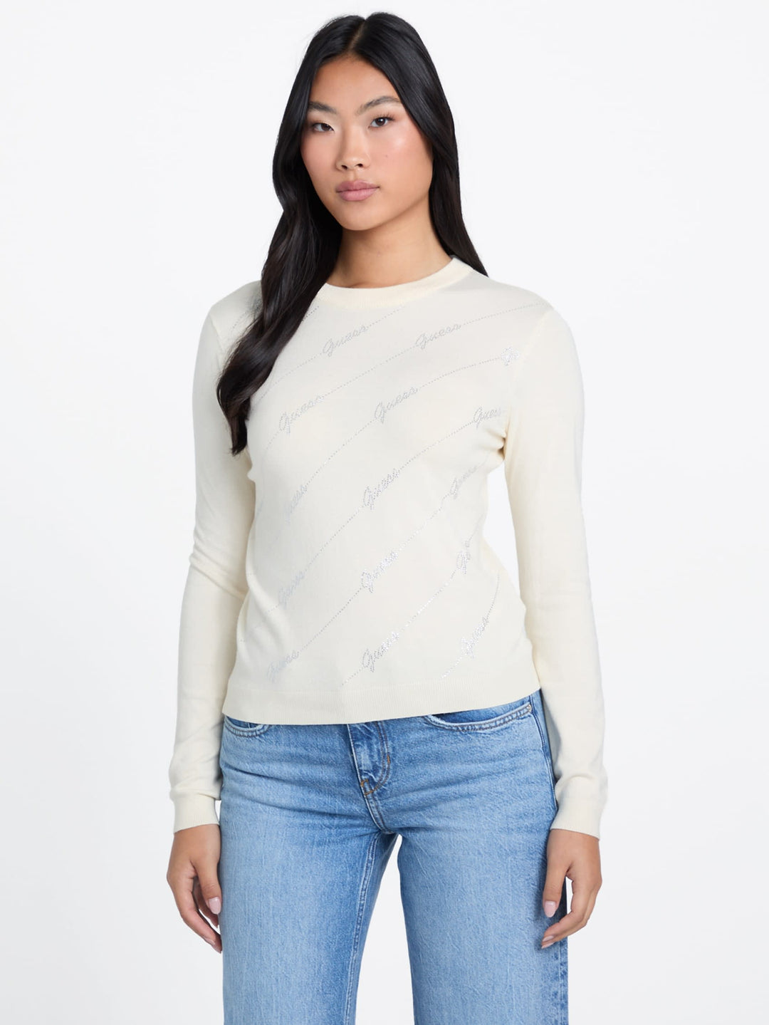 Guess Factory Peggy Rhinestone Logo Sweater | ShopSimon