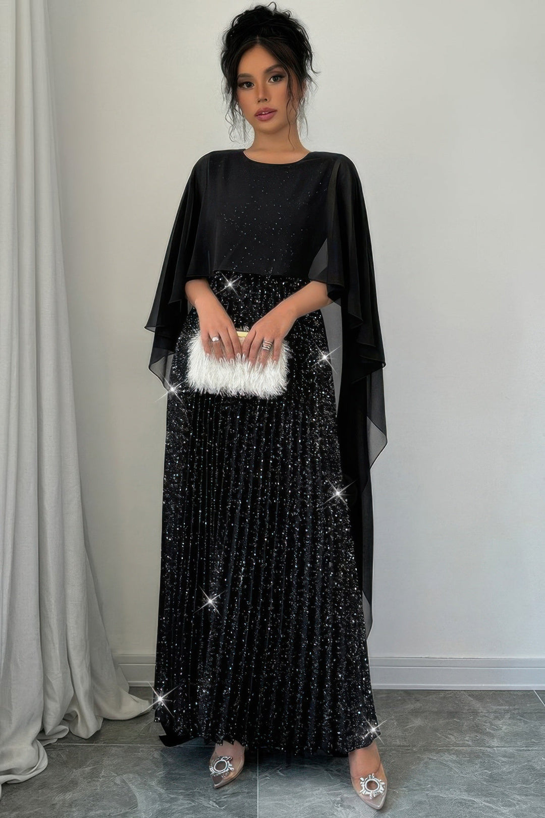 Elegant Sequin Satin Knit Pleated Long Dress Elegant Sequin Satin Knit Pleated Long Dress