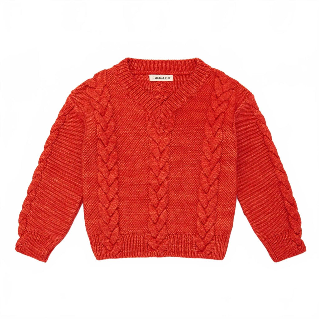 Misha & Puff Kid's Braided Sweater In Red Flame | ShopSimon
