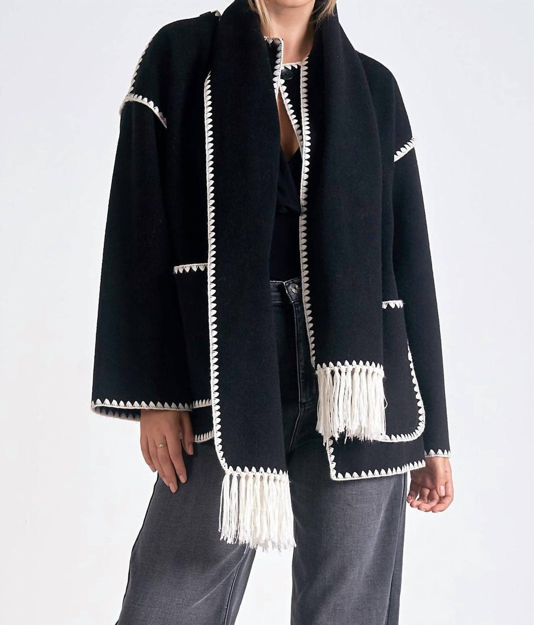 ELAN Whipstitch Detail Jacket Top Set In Black | ShopSimon
