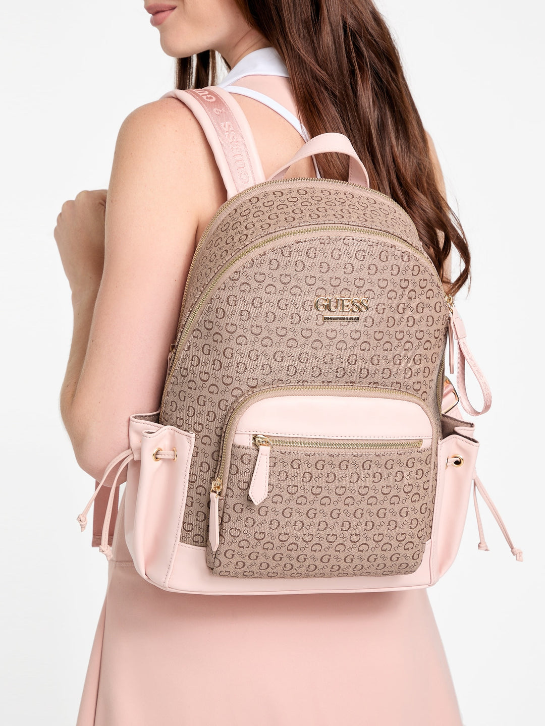 今市隆二　RILY Heart Logo Game Bag Guess Factory Charli Embossed Logo Backpack | ShopSimon