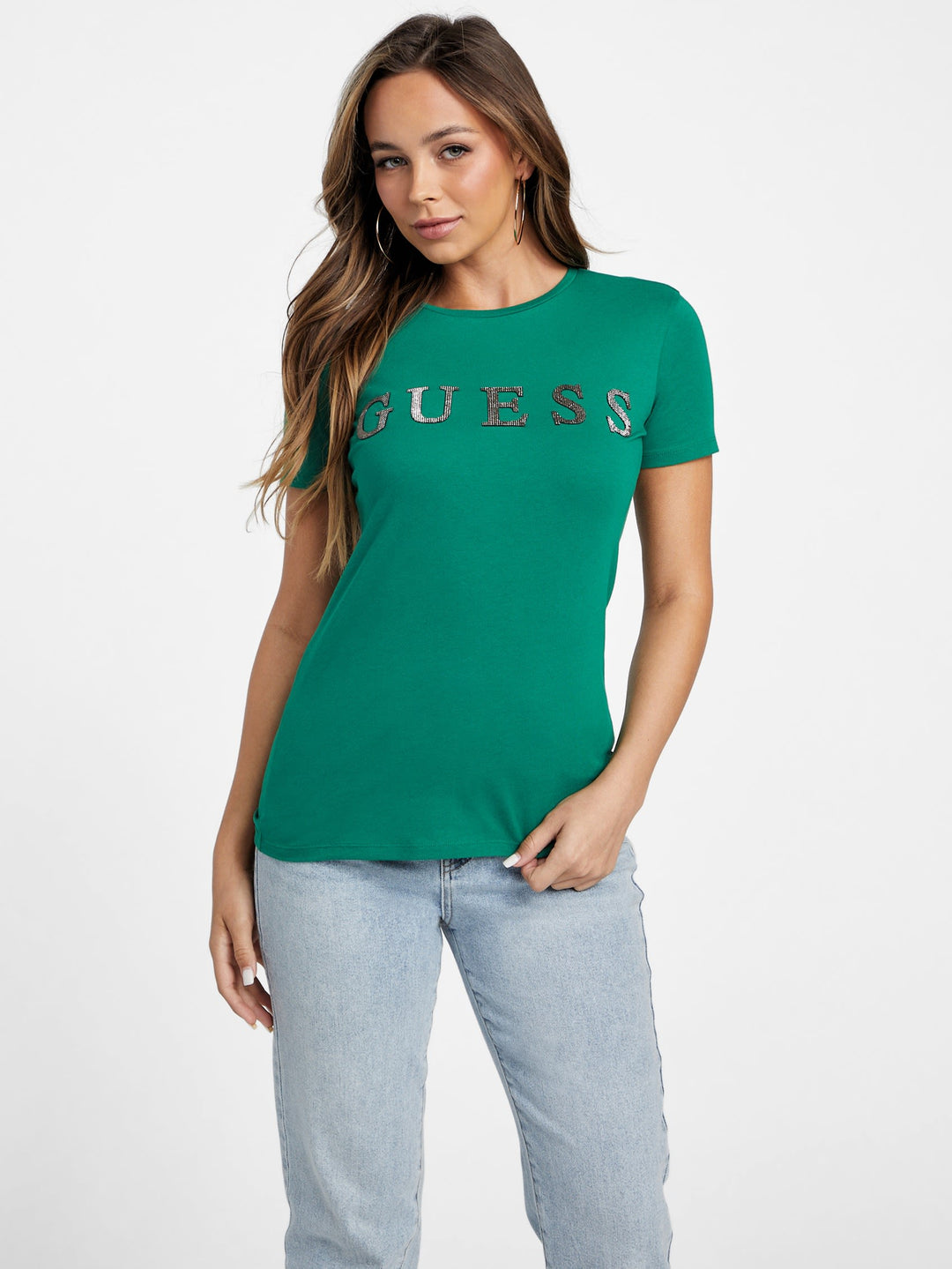 Guess Factory Pepper Rhinestone Logo Tee | ShopSimon