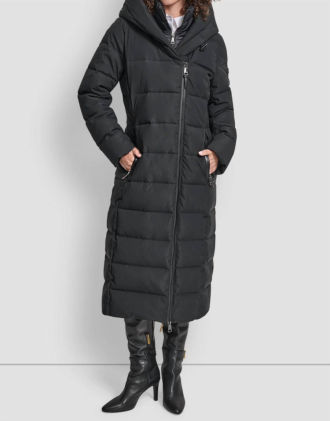 DKNY Bibbed Shawl Collar Hooded Puffer Coat In Black | ShopSimon