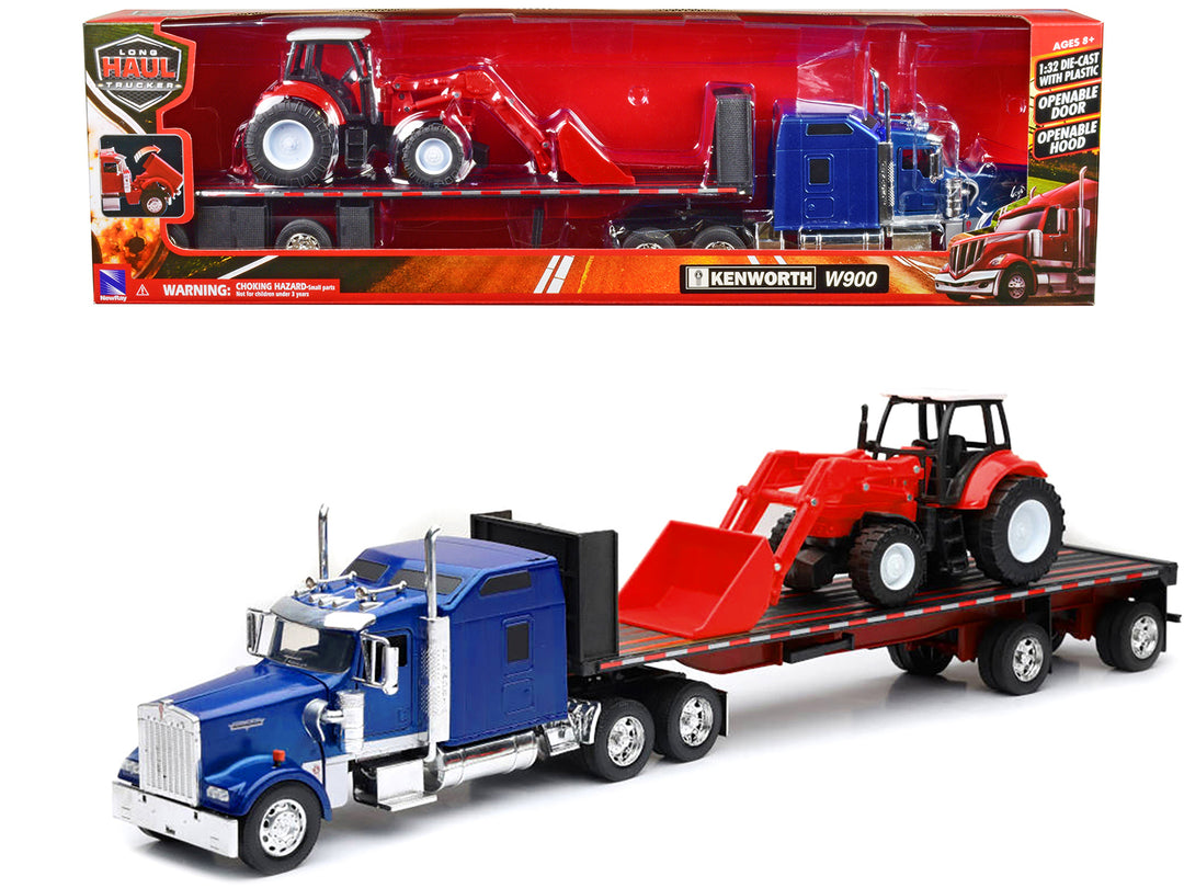 New Ray Kenworth W900 Truck With Flatbed Trailer Blue Metallic