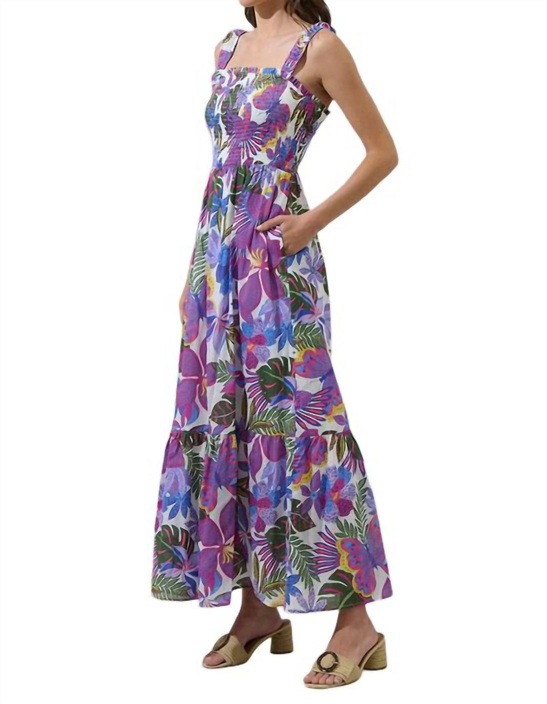 SUGARLIPS Evren Tropics Tayla Smocked Midi Dress In Blue/ Pink