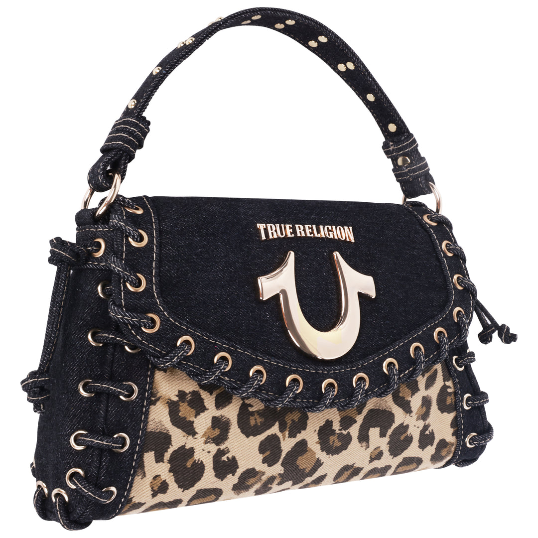 TRUE RELIGION レオパード柄 ショルダーバッグ True Religion Denim Leopard Eyelet Trim Flap Bag | ShopSimon