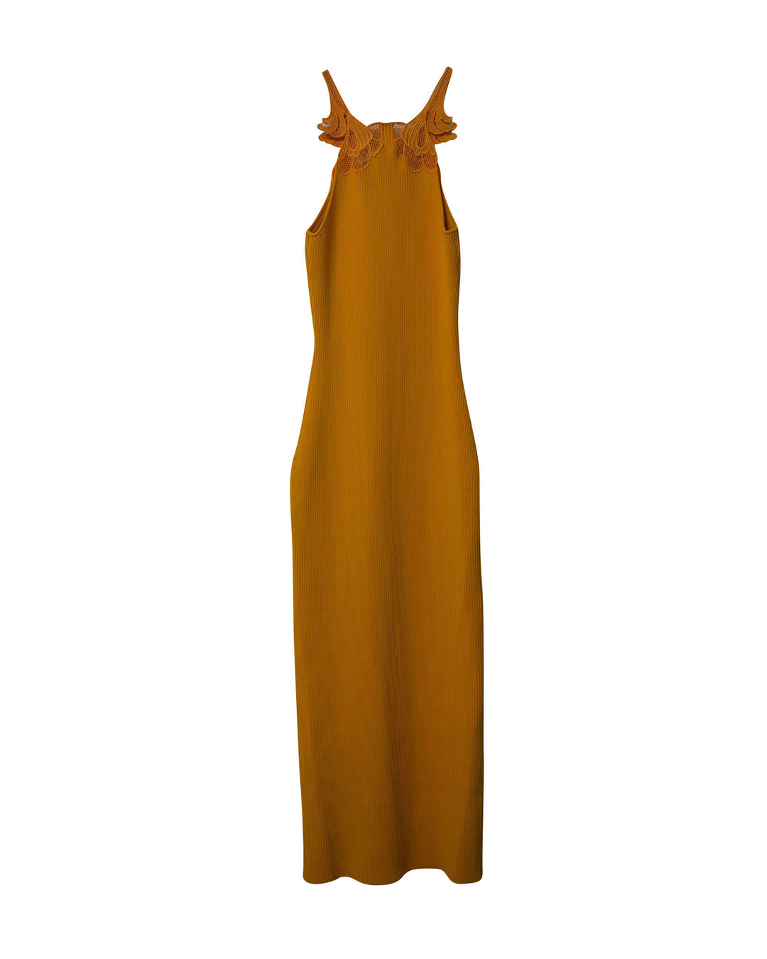 knit lace insert midi dress in yellow self-portrait Self-Portrait - Yellow Pointelle Knit Midi Dress
