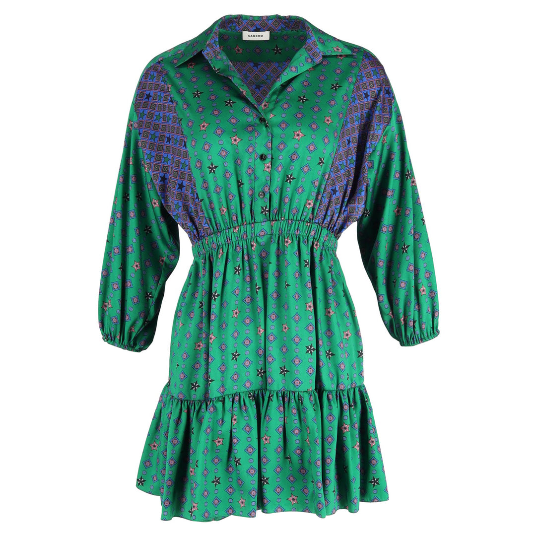 knee length dresses for ladies Sandro Paris Printed Mini Color-block Gathered Waist Shirt Dress In Green  Satin