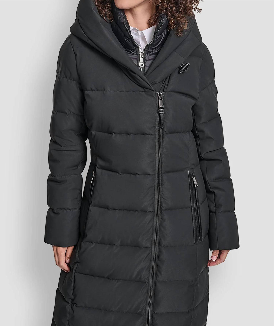 DKNY Bibbed Shawl Collar Hooded Puffer Coat In Black | ShopSimon
