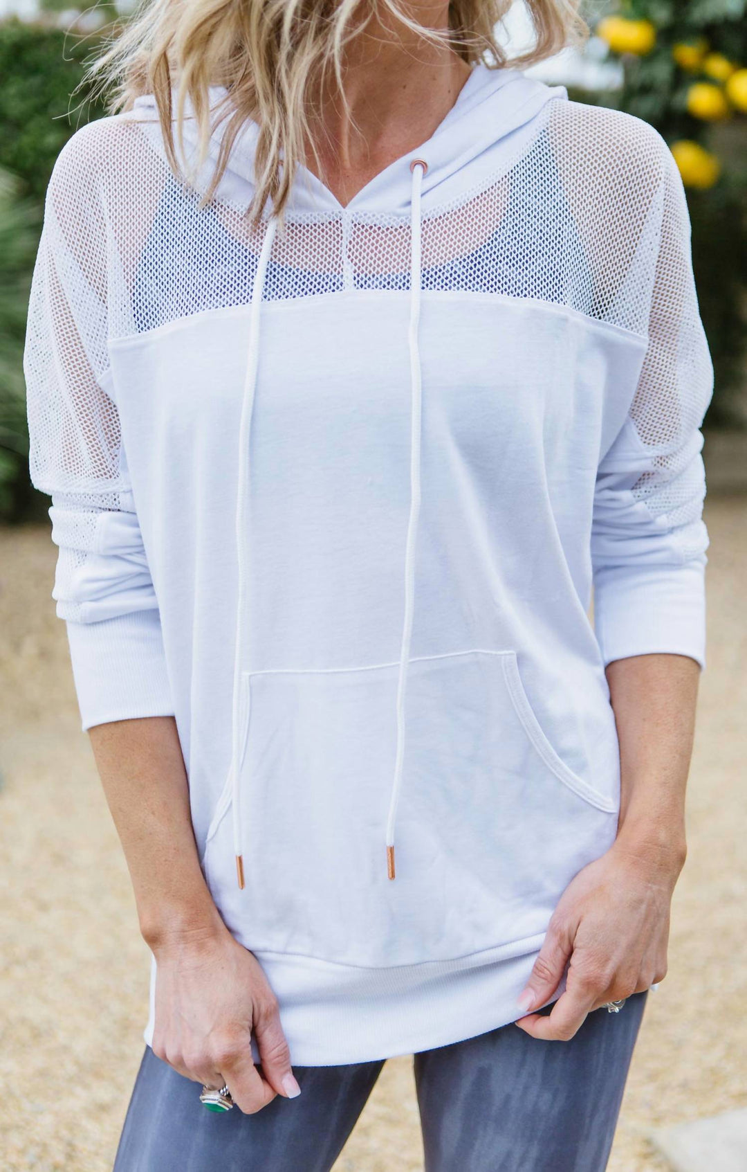 onzie Mesh Long Sleeve Hoodie In White | ShopSimon