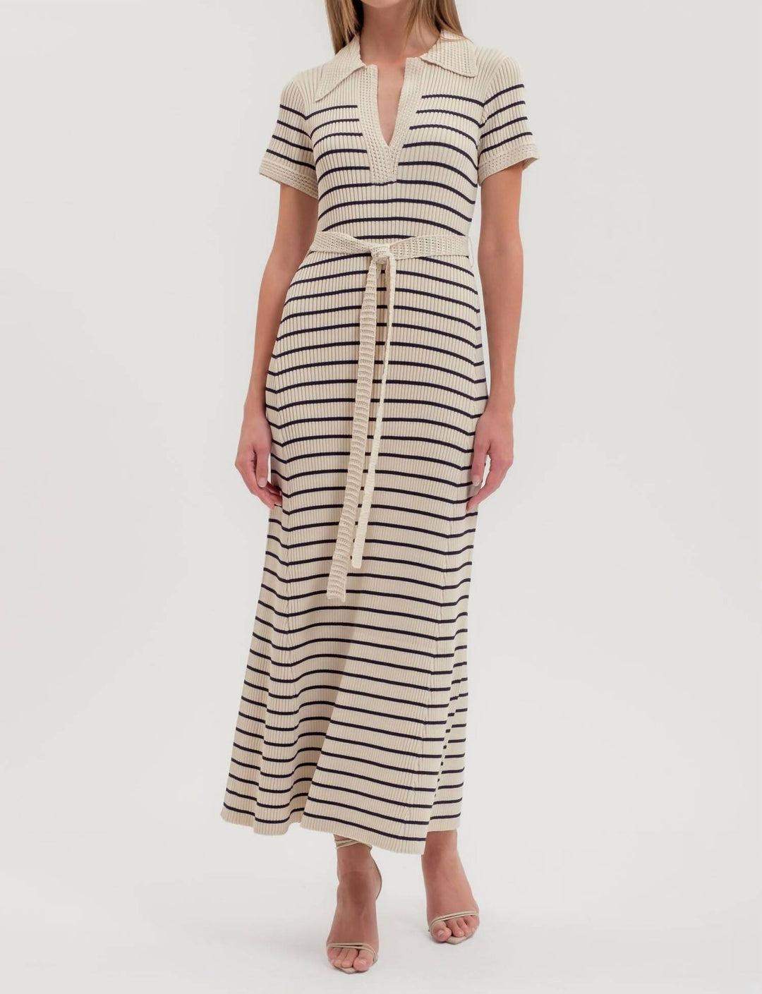 zoe and claire midi dress Zoe and Claire Claire Striped Crochet Dress In Navy Ivory