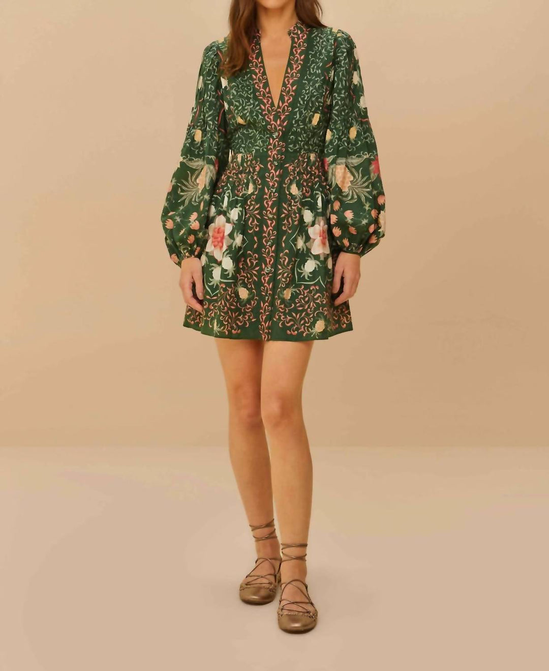 FARM RIO Pineapple Garden Long Sleeve Mini Dress In Green