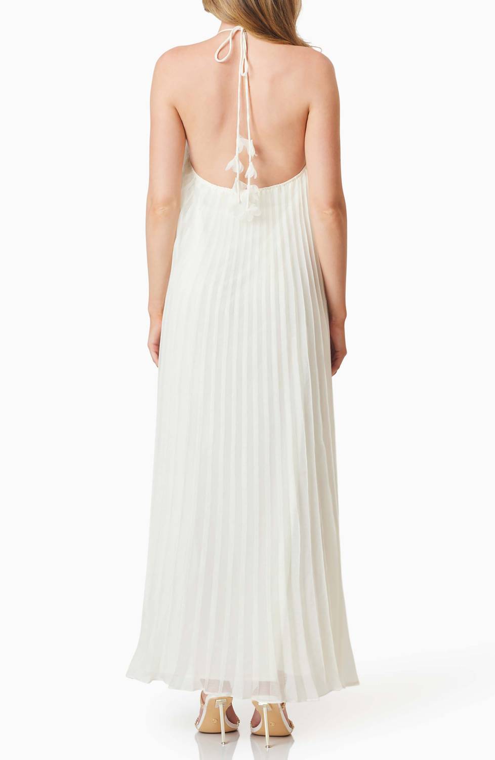 open lace back dress ELLIATT Emelia Floral Appliqué Pleated Georgette Halter Maxi Dress In Ivory