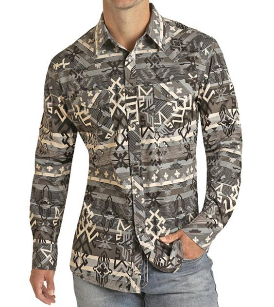 Rock & Roll Denim Aztec Woven Modern Fit Snap Shirt In Charcoal | ShopSimon