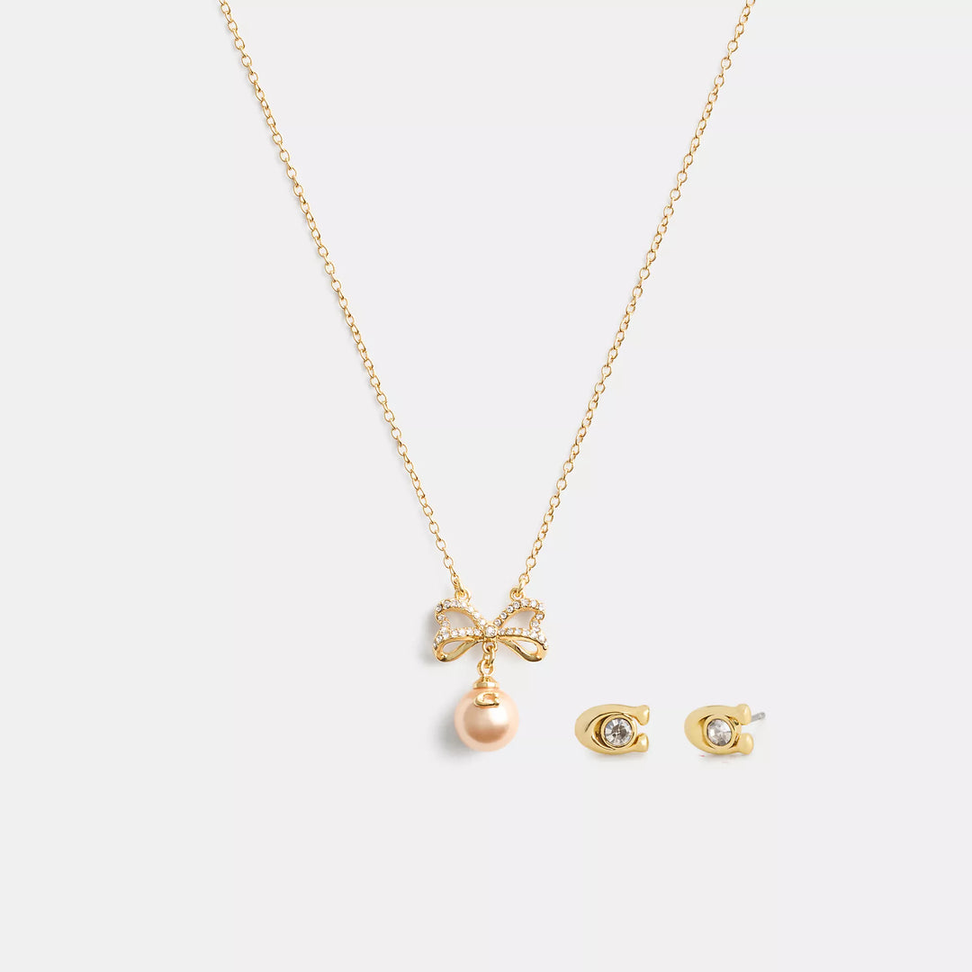 買付済【Coach】Bow Pearl Necklace And Earrings Set コーチ Coach Outlet Bow Pearl Necklace And Earrings Set | ShopSimon