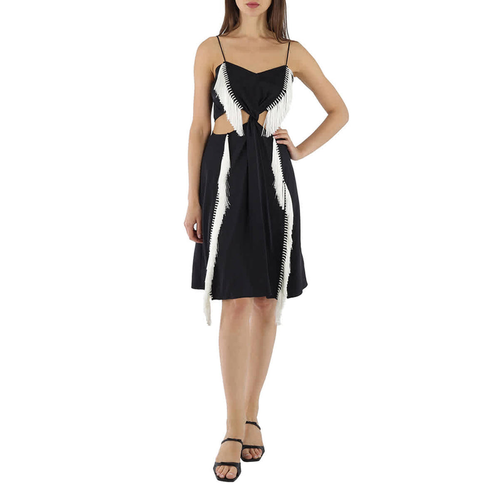 ワンピース BURBERRY BLACK SATIN DRESS Burberry Black Silk Satin Slip Dress With Fringed Detail
