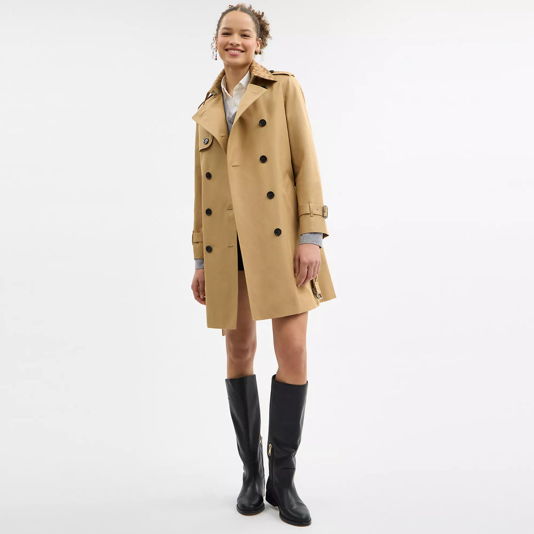 COACH ベージュ ミッドトレンチコート Coach Outlet Mid Trench Coat With Signature Collar | ShopSimon