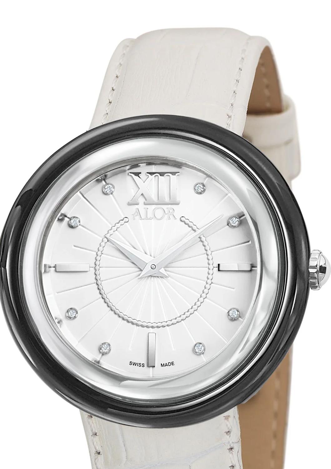 ALOR 0.04 Cts Leather Strap Diamond Watch In White | ShopSimon display picture 3