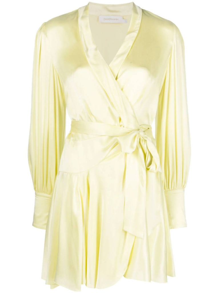 Zimmermann Silk Wrap Mini Dress In Lemon | ShopSimon