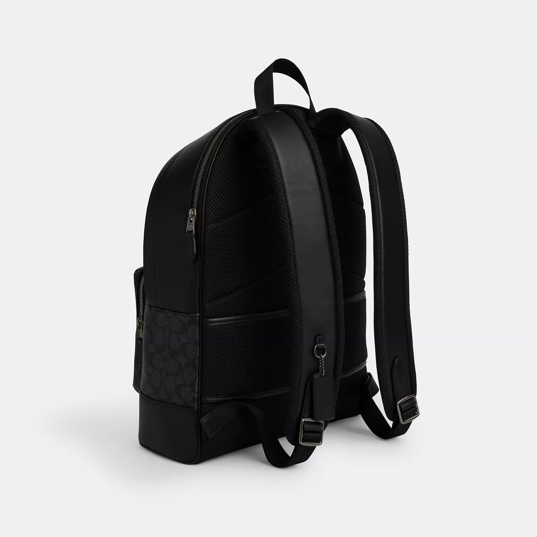 city toy backpack in smooth leather and canvas Coach Outlet West Backpack In Signature Canvas With Varsity Stripe