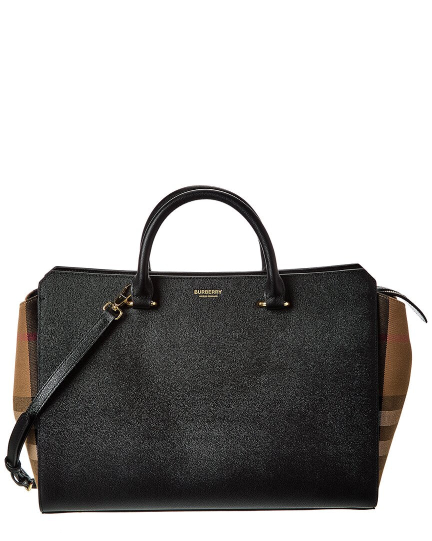 Burberry Banwell Medium Leather & Check Canvas Satchel | ShopSimon