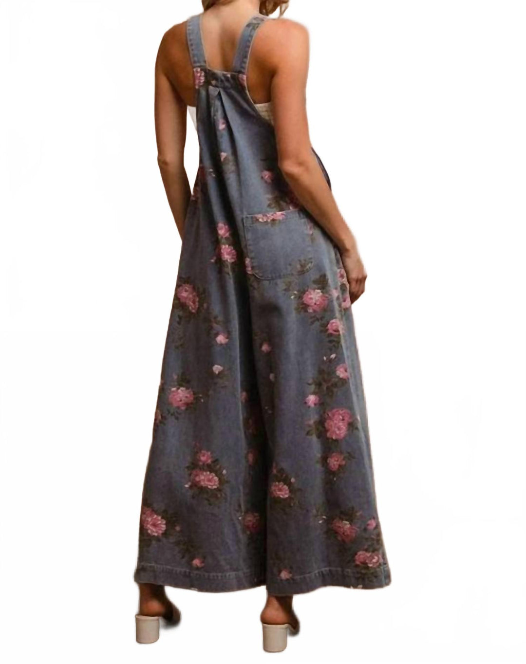 BiBi Flower Print Washed Denim Wide Leg Jumpsuit In Blue | ShopSimon