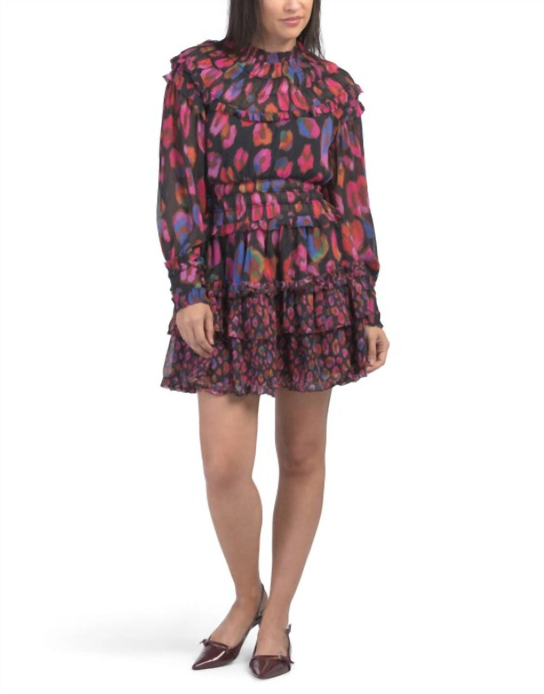 knee length dresses for ladies FARM RIO Iridescent Leopard Print Ruffled Mini Dress In Multi