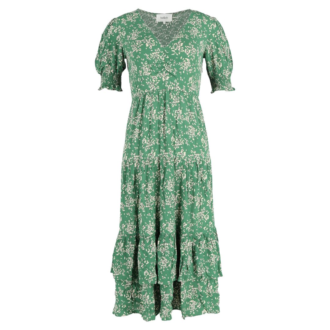Ba&sh Vika Ruffled Midi Dress In Green Viscose