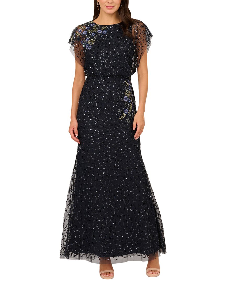 adrianna papell beaded flutter sleeve dress Adrianna Papell Women's Bead Mesh Ball Gown - French Blue