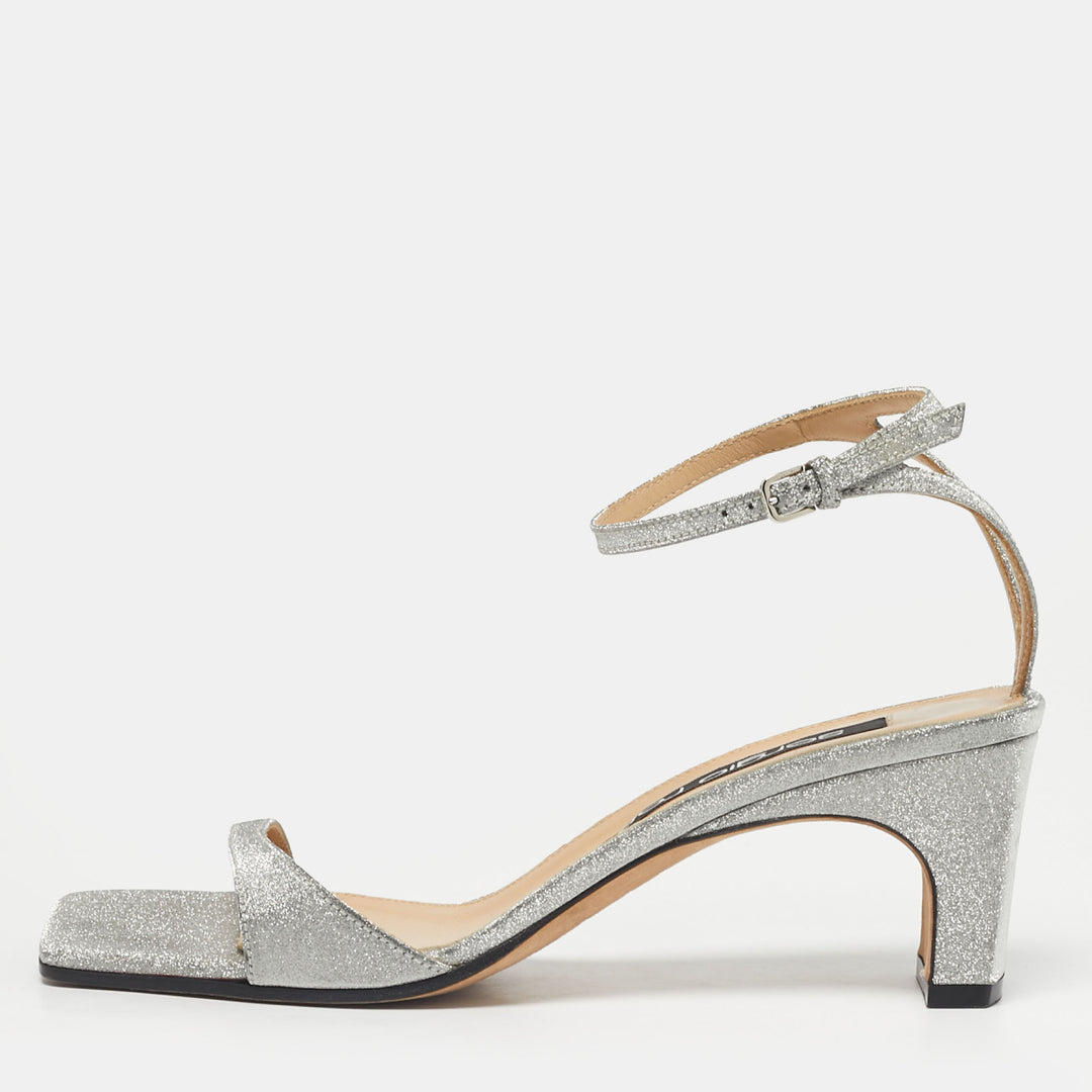 Sergio Rossi Silver Glitter Ankle Strap Sandals | ShopSimon