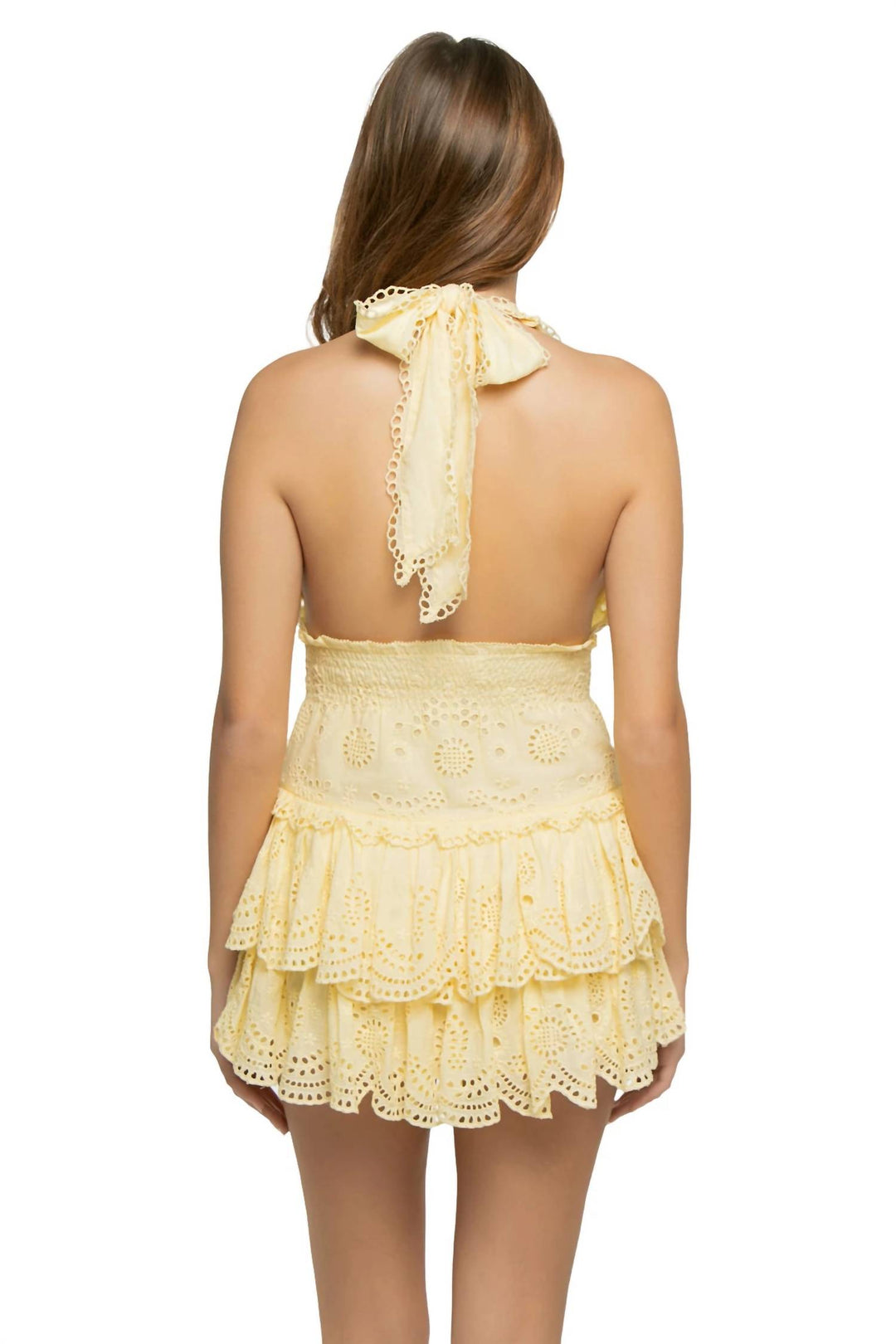 LoveShackFancy Janea Eyelet Lace Mini Halter Dress In Citron