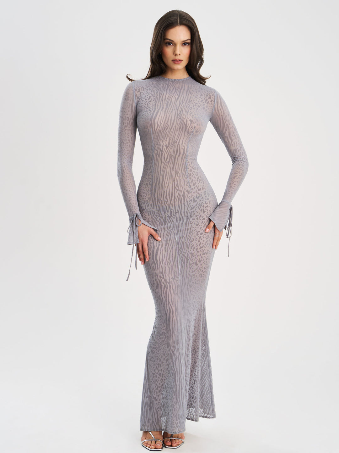 Miss Circle Women Waylynn Gray Animal Print Burnout Velvet Detail Mesh Backless Maxi Dress - Grey Miss Circle Women Waylynn Gray Animal Print Burnout Velvet Detail Mesh Backless Maxi Dress - Grey