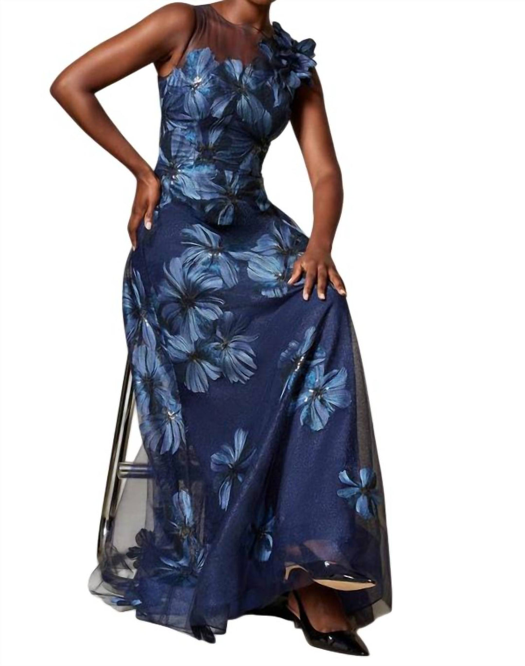 Teri Jon Floral Embroidered Tulle Gown In Navy | ShopSimon Teri Jon Floral Embroidered Tulle Gown In Navy | ShopSimon
