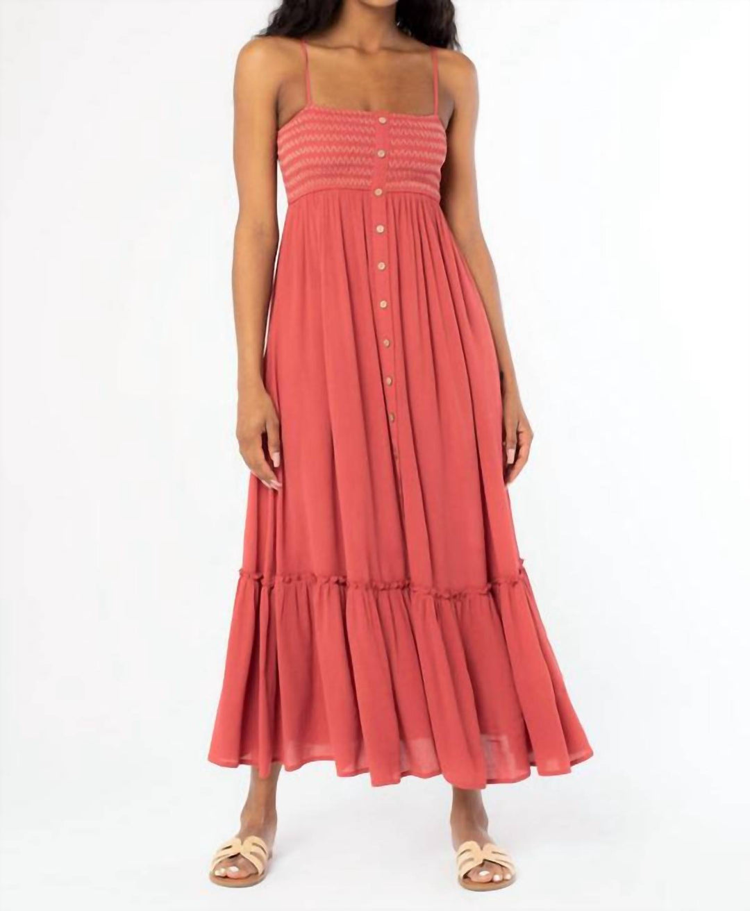 LOVESTITCH Bohemian Smocked Button Front Maxi Dress In Burnt Sienna