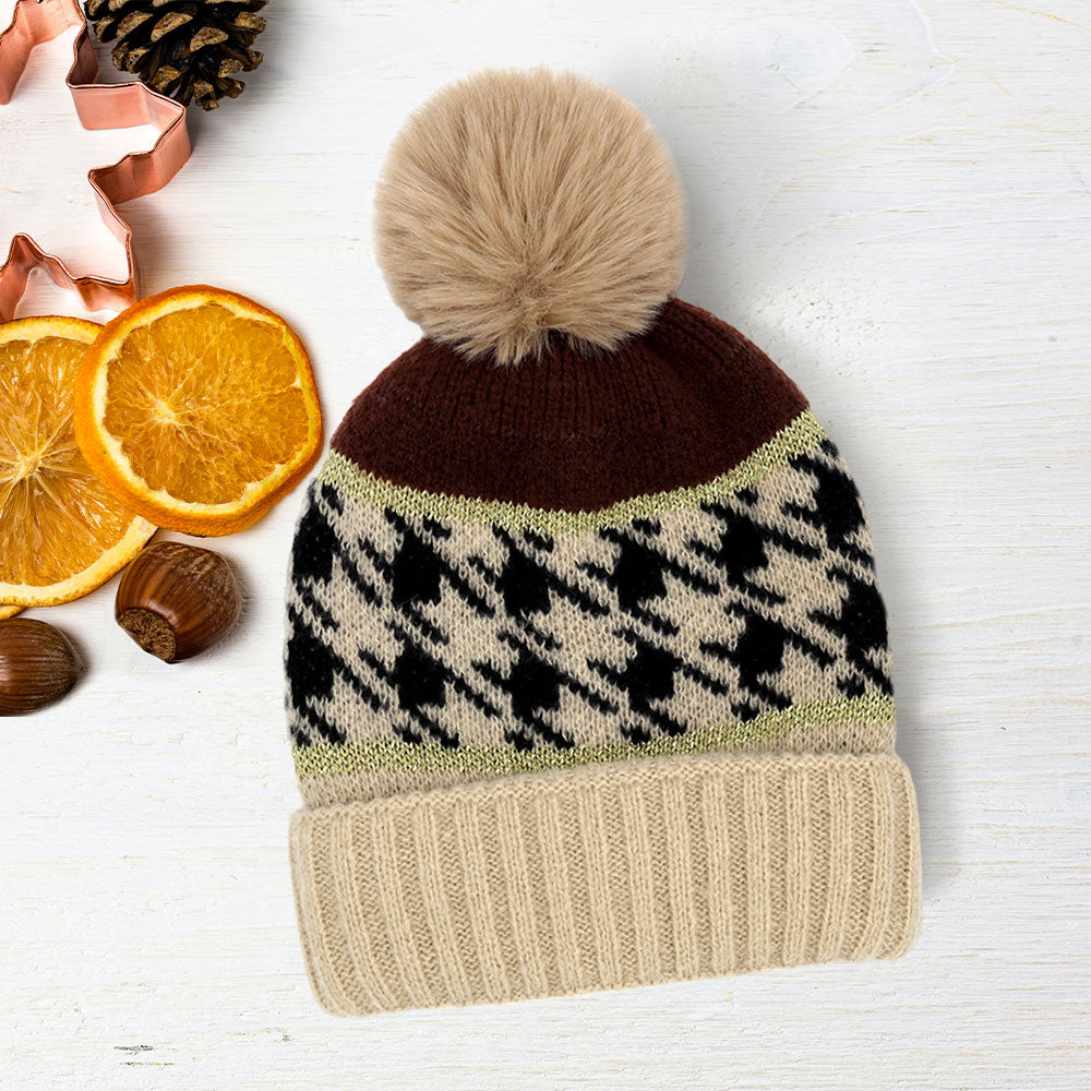 Brown Houndstooth Wool Blend Pom Pom Hat CHUNKY POM HAT – PORTOLANO main image 2