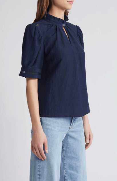 FRAME Ruffle Collar Inset Lace Top In Navy | ShopSimon