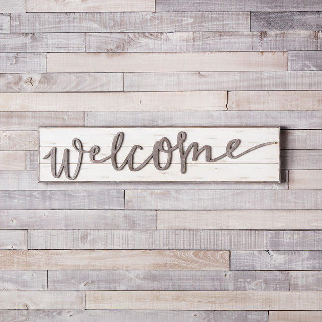 Homezia White Solid Wood Welcome Wall Decor | ShopSimon
