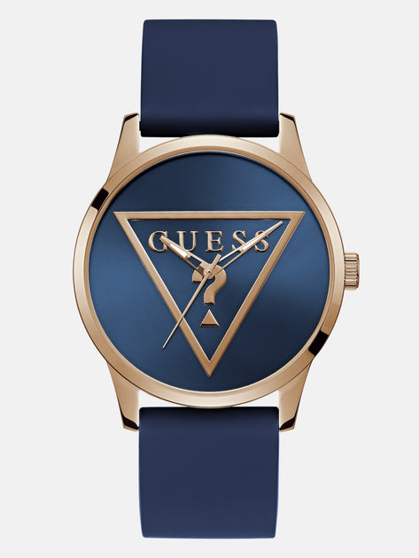Guess Factory Rose Gold-Tone Triangle and Blue Silicone Analog Watch ...
